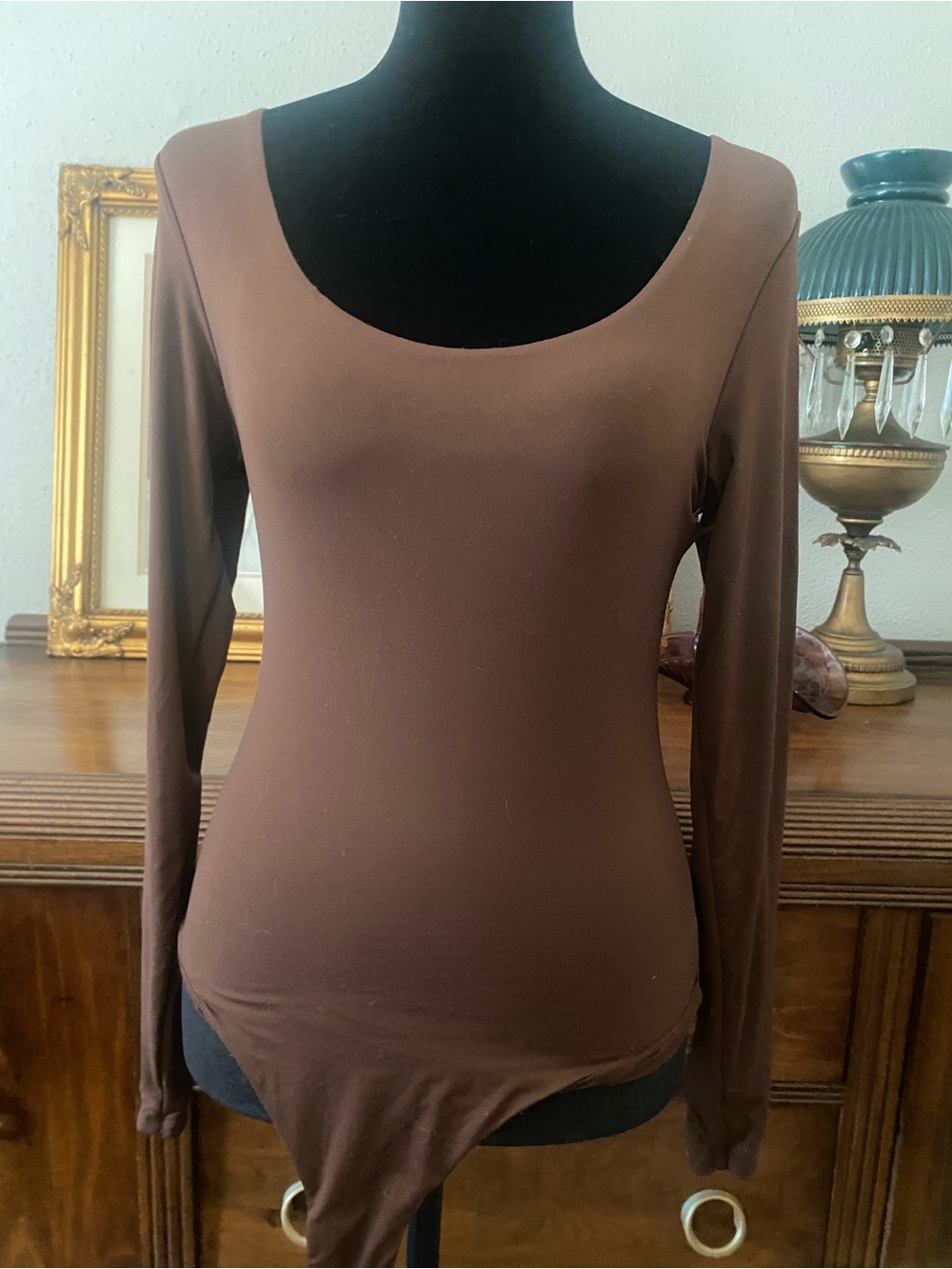 Brown Long-Sleeve Scoop Neck Bodysuit